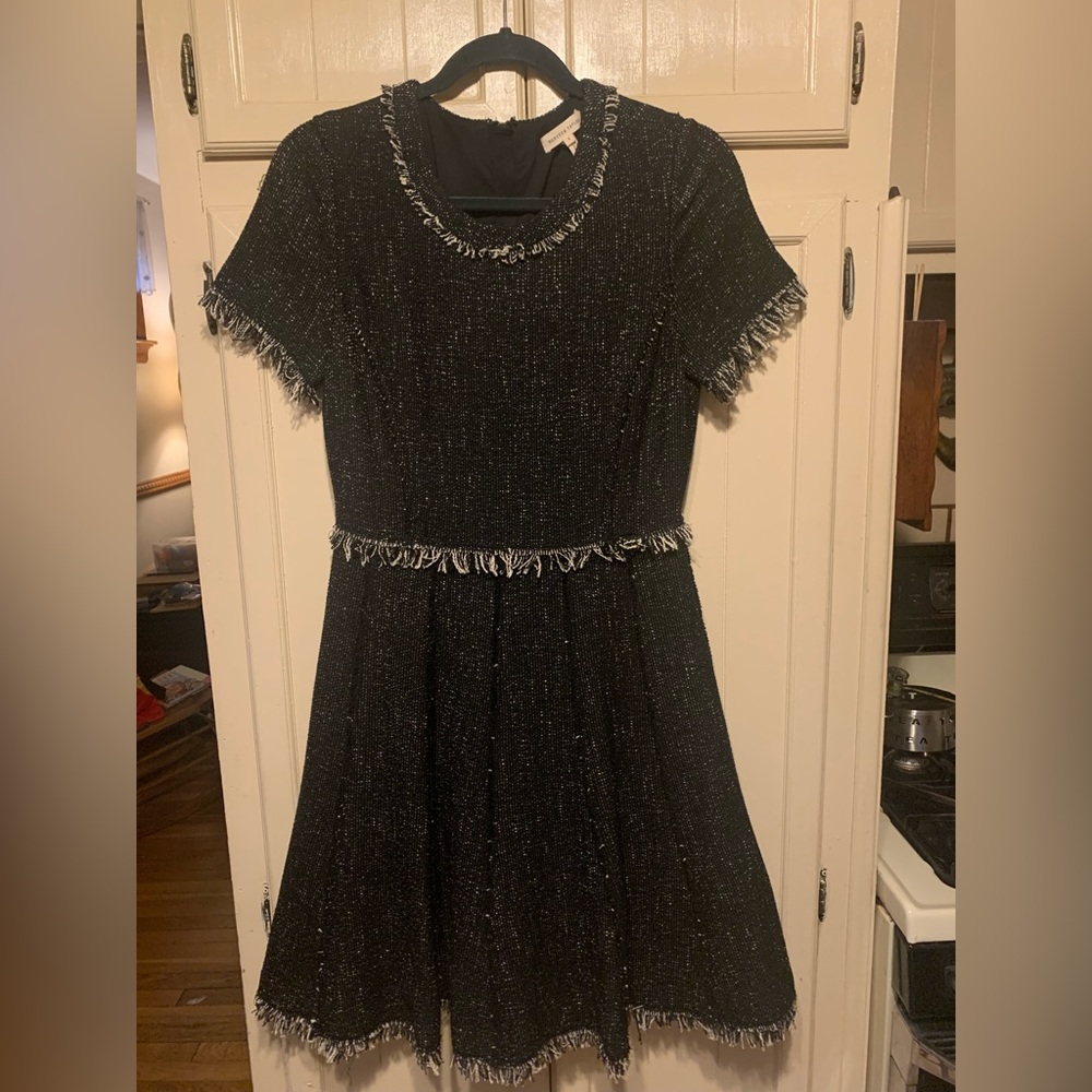 Rebecca Taylor Black Knit Embellished Frayed Detail Midi Dress size 4